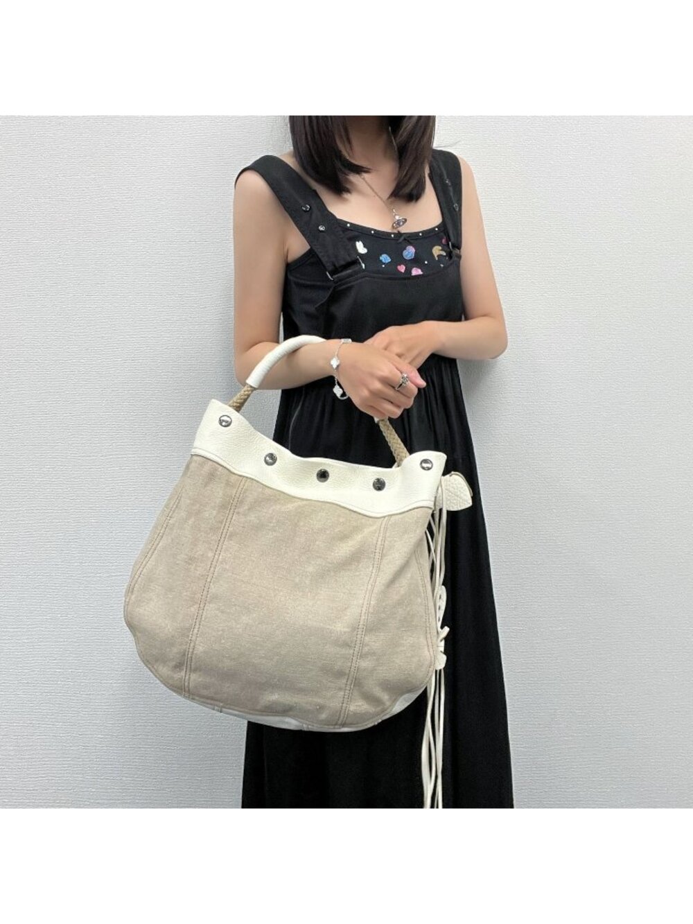 Prada Rope Handle Fringe Hobo Tote Shoulder Bag Canvas Leather Beige Vintage